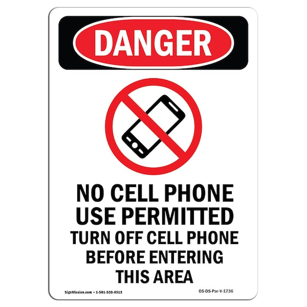 Safety Sign, OSHA Danger, 5" Height, No Cell Phone Use Permitted, Portrait, 10PK